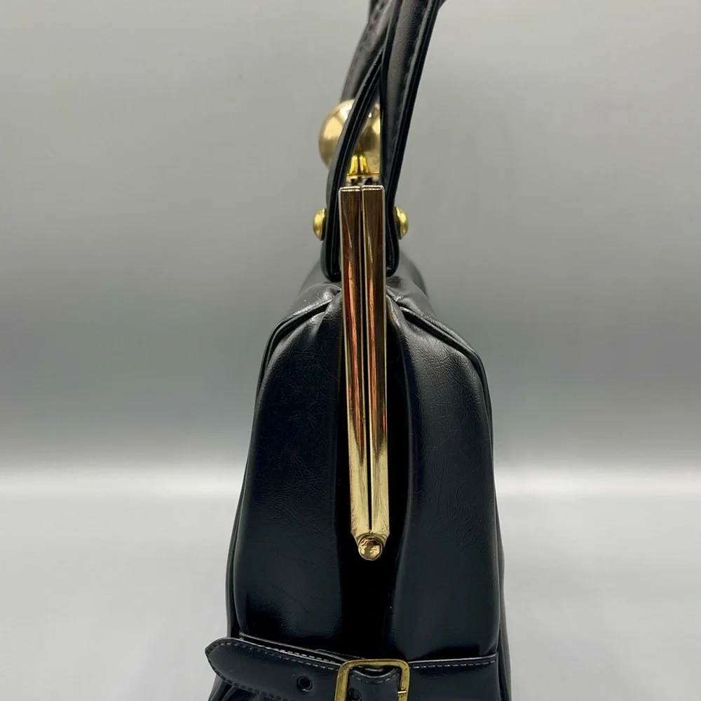 Vintage 1960s Faux Leather Handbag, Black, Ball Clasp, Framed, Art Deco